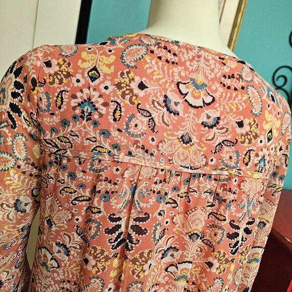 AS U Wish Sz L Peasant Tunic Dress Peach Navy POCKETS Hippie Boho Festival 3/4sl - Picture 4 of 16